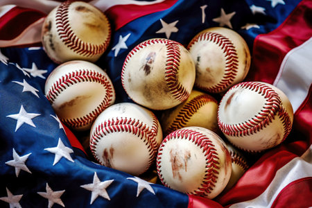 A group of baseballs sitting on top of an American flag.の素材