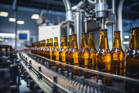Factory for the production of beer. Brewery conveyor with glass beer drink alcohol bottles, modern production line. Blurred background. Modern production for bottling drinks. selective focusの素材