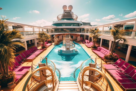 View on top deck with swimming pool on a cruise ship. vacation on a cruise ship. cruise. Descent on the shipの素材