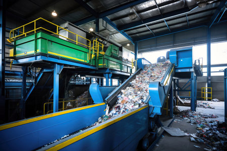 Waste sorting plant. Many different conveyors and bins. conveyors filled with various household waste. Waste disposal and recycling. Waste processing plantの素材