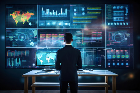 A business man watches monitors with quotes charts. Market analysis. Stock quote. Cryptocurrency rate. Global economic analysisの素材