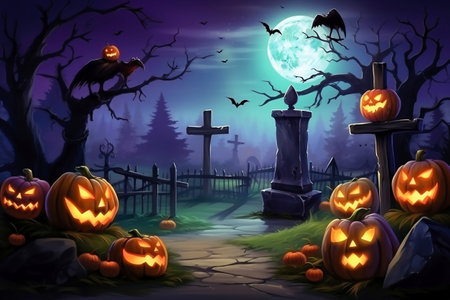 Halloween pumpkins near a tree in a cemetery with a scary house. Halloween background at night forest with moon and batsの素材