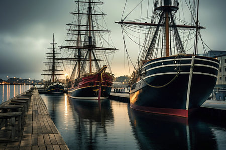 Sailing with ships lowered sails parked in the port at night. Ships at the pierの素材