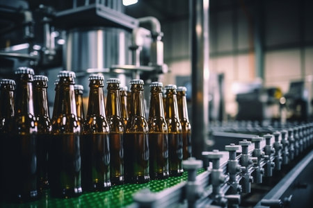 Factory for the production of beer. Brewery conveyor with glass beer drink alcohol bottles, modern production line. Blurred background. Modern production for bottling drinks. selective focusの素材