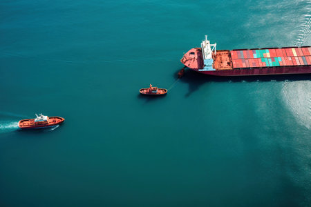 Global business logistics import-export cargo. Cargo ship with sea containers on board in the port. Transportation of goods across the ocean. Sea container ship is escorted by tugs to the portの素材