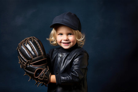 A little girl in a baseball uniform holding a catchers mittの素材