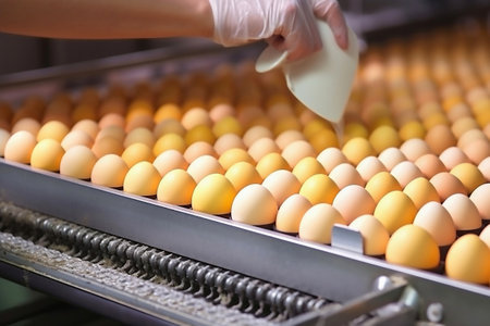 Chicken eggs move along a conveyor in a poultry farm. Food industry concept, chicken egg production. Lots of brown and white chicken eggsの素材