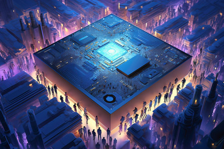 A powerful computer processor or chip on a motherboard. modern technologies. blue backgroundの素材