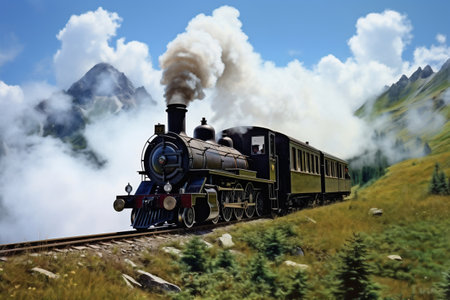 A painting of a train on a train track. The locomotive moves among the mountains and beautiful nature along the rails. Smoke from the chimney of a retro trainの素材
