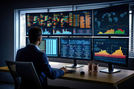 A man sitting at a desk in front of three computer monitorsの素材