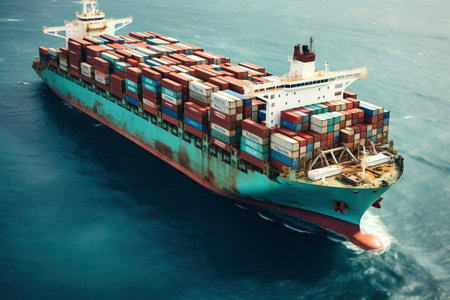 Global business logistics of import-export cargo. Cargo ship with sea containers on board in the port. Transportation of goods across the ocean. Ship with containers in the oceanの素材