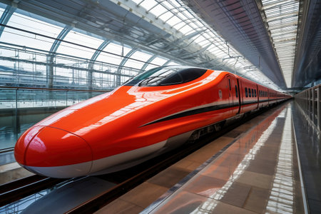 Red modern train on a railway platform. Boarding platform at the railway station. High-speed transportの素材