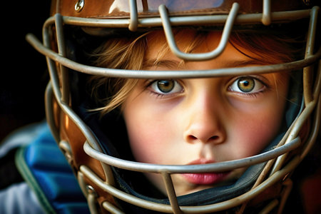A close up of a child wearing a baseball helmetの素材