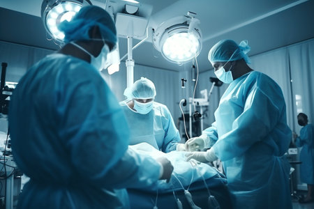 Photo of surgeons performing a complex surgery in a modern operating room. A group of surgeons performing surgery on a patientの素材