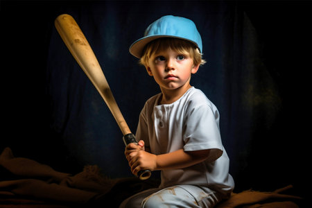 A young boy holding a wooden baseball bat. A little boy plays baseball on a dark backgroundの素材