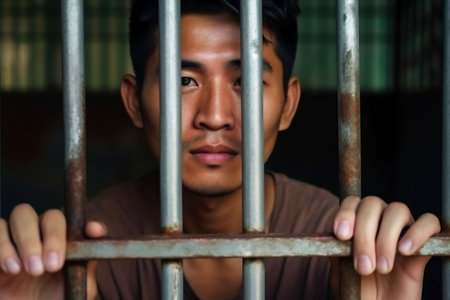 An Asian prisoner in a cell behind bars. Young man in prison. Despair, sadness and loneliness of the person who committed the crimeの素材