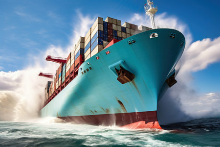 Global business logistics of import-export cargo. Cargo ship with sea containers on board in the port. Transportation of goods across the ocean. Cargo ship on the waves in the seaの素材