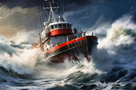 A cargo or fishing ship is caught in a severe storm. Ship at sea on big waves. The threat of shipwreck. element in the ocean. The hard work of a sailorの素材