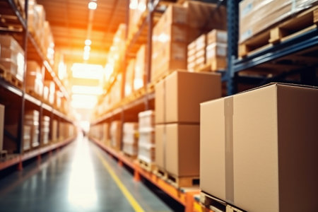 A large warehouse filled with neatly stacked boxes. selective focus. Large space for storing and moving goods. Logistics. Trade in the modern worldの素材
