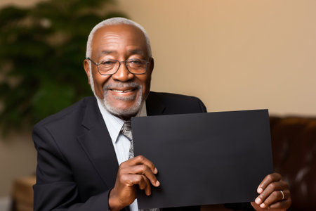 A senior man of African American appearance in a business suit is holding a sign or paper. Gray-haired old man. copyspace. pension reform. happy old age and retirement. accumulative pension systemの素材