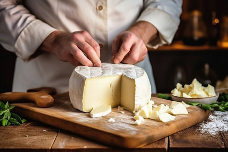 A person cutting cheese on a cutting board. Farmer or chef makes cheese sliceの素材