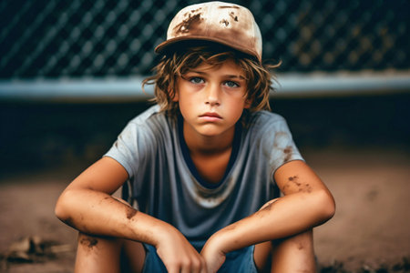 A young boy sitting on the ground wearing a hatの素材