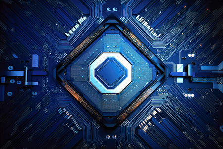 A powerful computer processor or chip on a motherboard. modern technologies. blue backgroundの素材