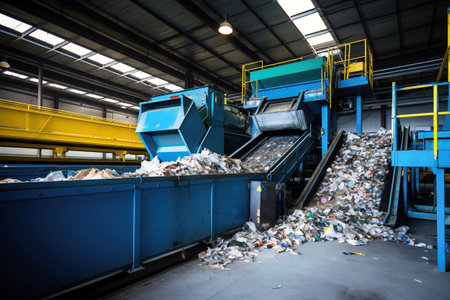 Waste sorting plant. Many different conveyors and bins. conveyors filled with various household waste. Waste disposal and recycling. Waste processing plantの素材