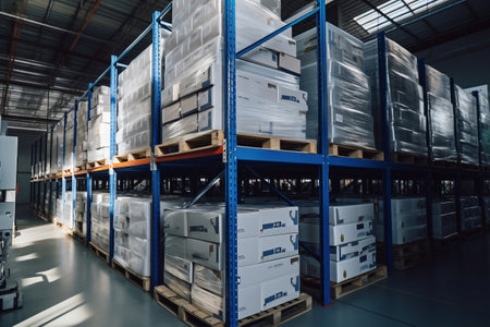 A large warehouse filled with neatly stacked plastic containers and boxes. Large space for storing and moving goods. logistics. Trade in the modern worldの素材