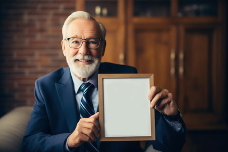A senior man of European appearance in a business suit is holding a sign or paper. Gray-haired old man. copyspace. pension reform. happy old age and retirement. accumulative pension systemの素材