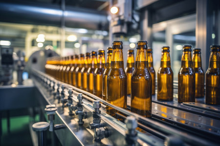 Factory for the production of beer. Brewery conveyor with glass beer drink alcohol bottles, modern production line. Blurred background. Modern production for bottling drinks. selective focusの素材
