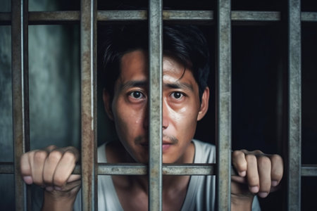 An Asian male prisoner in a cell behind bars. Chinese guy behind bars. The pain and suffering of the prisoner. Judgment. Hopelessnessの素材