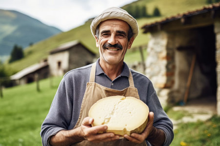 A farmer demonstrates a piece of cheese he made with his own hands. Homemade cheese production on a farm. Natural product. Close-up. Farming conceptの素材
