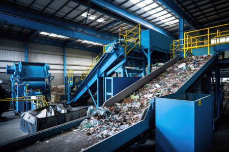 A conveyor belt full of garbage in a factory. Plant for the processing and sorting of garbage and household waste. Waste disposal and recycling. Ecology. Secondary use of resourcesの素材