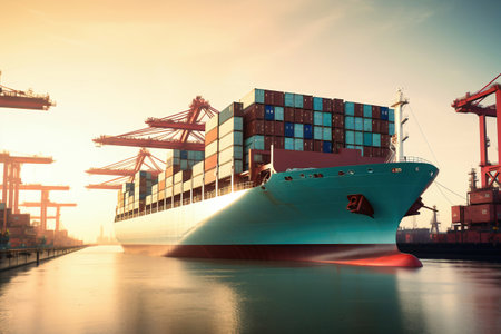 Global business logistics import-export cargo. Cargo ship with sea containers on board in the port. Transportation of goods across the ocean. A powerful cargo ship enters the port for unloadingの素材