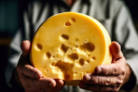 A person holding a piece of cheese in their handsの素材