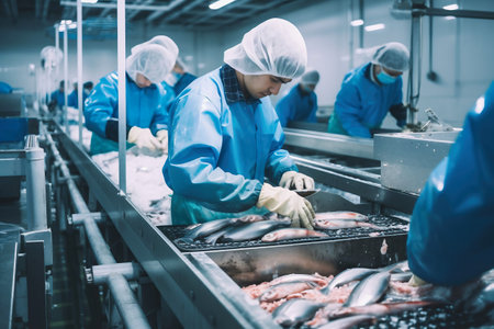 fish processing plant. production line. People sort the fish moving along the conveyor. Sorting and preparation of fish. Production of canned fish. modern food industryの素材