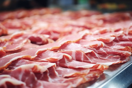 Meat processing plant. Slices of fresh bacon and mint slices on a conveyor belt in the workshop. Arrival of jamon or cold cuts. Production of pork or beef in a modern enterpriseの素材