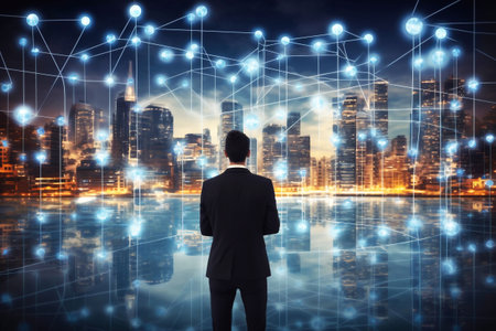 A man standing in front of a cityscape with a tabletの素材