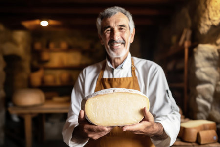 A farmer demonstrates a piece of cheese he made with his own hands. Homemade cheese production on a farm. Natural product. Close-up. Farming conceptの素材