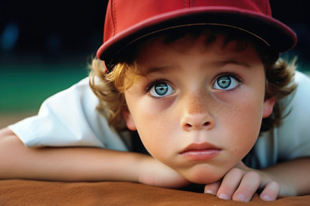 A young boy wearing a red baseball hatの素材