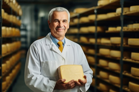 A man in a factory warehouse checks the readiness of cheese. The cheese matures in a special room at the factoryの素材