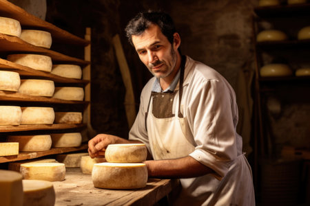 A man farmer checks the readiness of his homemade cheese. The cheese matures in the farmer's basement. Homemade cheese production. Natural productの素材
