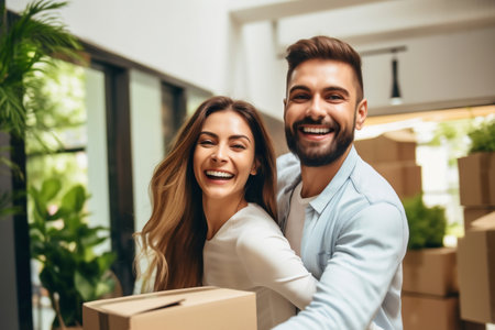 Young happy married couple in their new home after moving in. Unpacking boxes after moving into a new apartment. new homeowners. Mortgage. rental propertyの素材