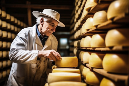 An elderly farmer checks the readiness of his homemade cheese. The cheese matures in the farmer's basement. Homemade cheese production. Natural productの素材