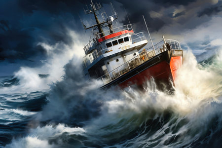 A cargo or fishing ship is caught in a severe storm. Ship at sea on big waves. The threat of shipwreck. element in the ocean. The hard work of a sailorの素材