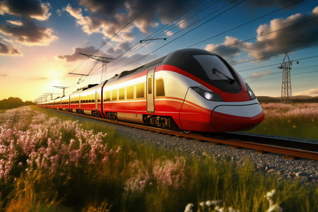 A modern high-speed train moves along the railway tracks against the backdrop of a field at sunset. high speed rail transportの素材