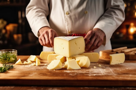 A person cutting cheese on a cutting board. Farmer or chef makes cheese sliceの素材