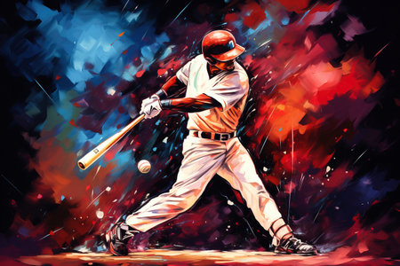 A painting of a baseball player swinging a batの素材