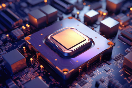 A powerful computer processor or chip on a motherboard. modern technologies. blue backgroundの素材